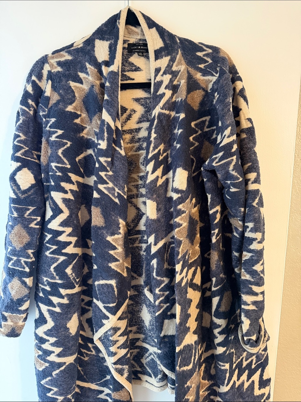 Lucky Brand Navy & Cream Aztec Open-Front Teddy Jacket